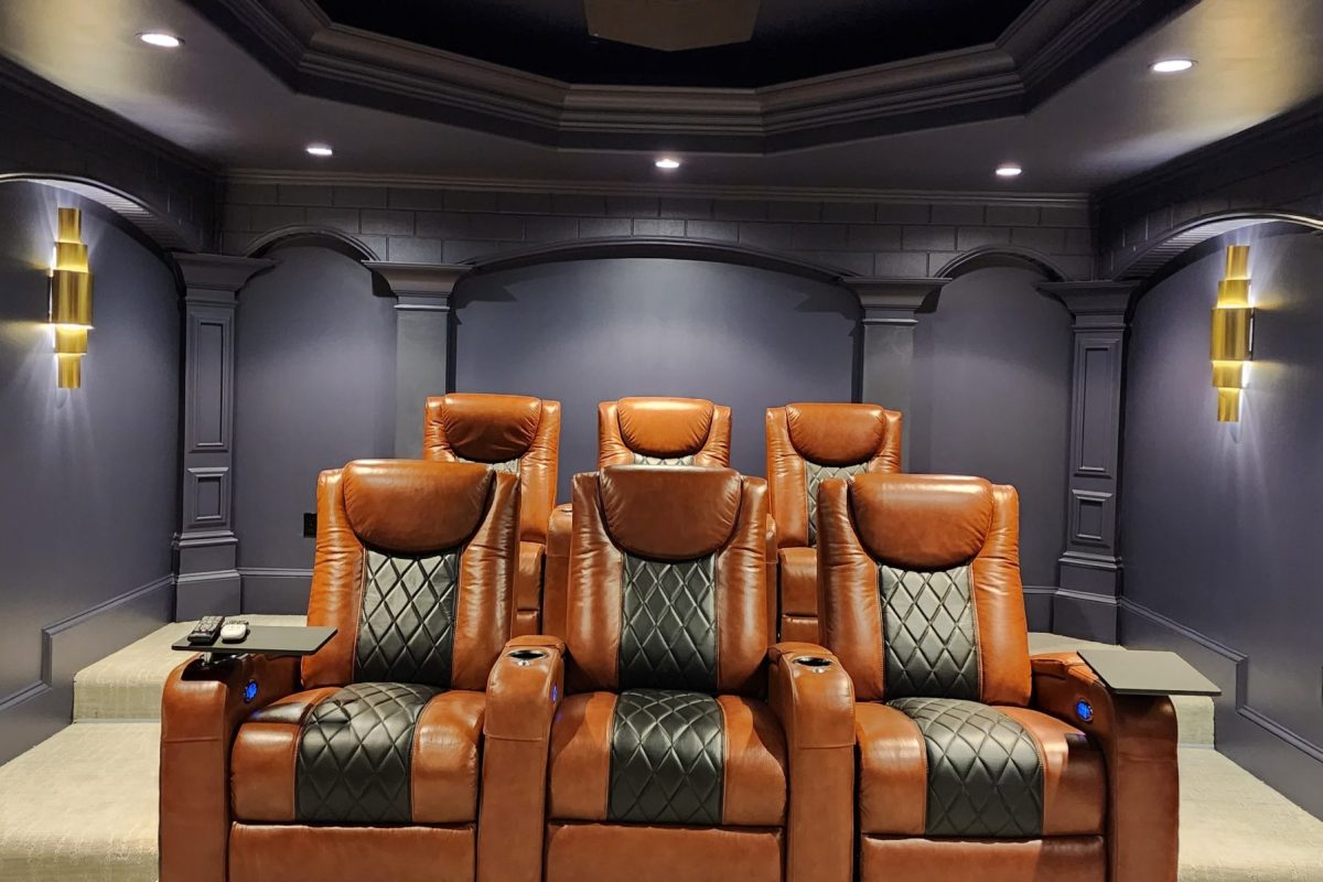 Image of basement renovation that became luxury home theater in Atlanta.